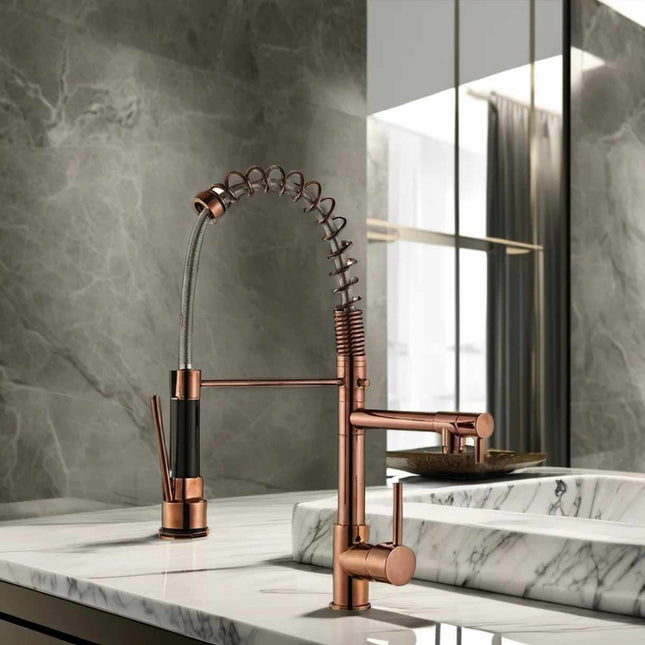 Luxury Brass 360 Degree Rotation Kitchen Faucet High-End Rose Gold Dual Mode Sprayer Modern Pull Out & Pull Hot Cold Water Tap
