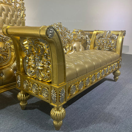 Custom Victorian Rococo Bedroom Set – Luxury Gold King Size Leather Bed with Elegant Classic Design