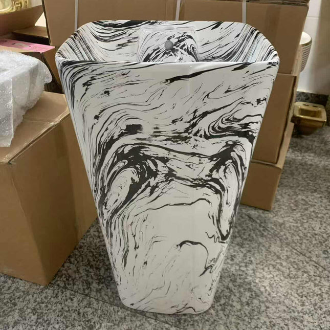 Square Freestanding Pedestal Basin – White & Black Modern Bathroom Sink