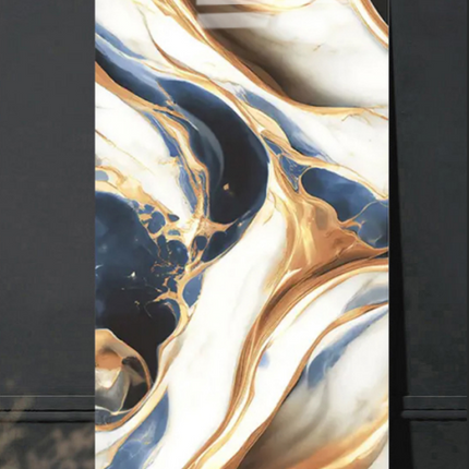 Luxuriöse abstrakte Marmorplatte in Blau und Gold – Hochglänzendes, künstlerisches Steinpaneel für Wand-, Boden- oder Arbeitsplattendesign