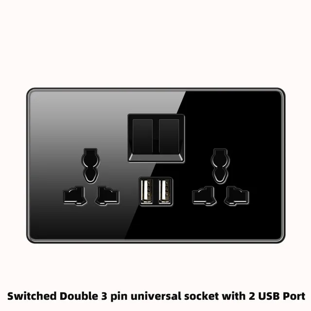 Socket Standard Universal Tempered Glass with Utility Box Electrical Wall Socket Double with 2Pin USB Fast Charging