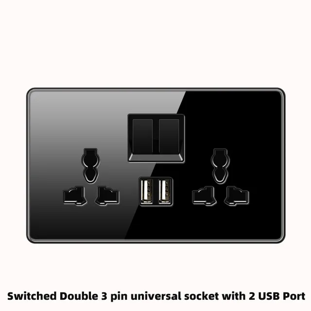 Standard Universal Tempered Glass with Utility Box Electrical Wall Socket Double with 2Pin USB Fast Charging