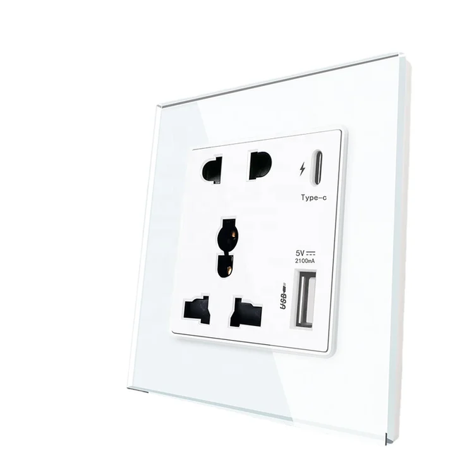 Universal Socket Tempered Glass White 4x4inch with Fast Charger Type C