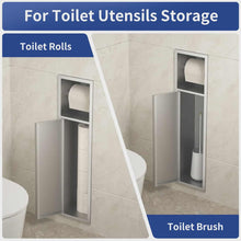 Load image into Gallery viewer, Custom Free Standing Concealed Toilet Paper Holder – Matte White &amp; Silver Stainless Steel 304 with Modern Shelf Storage for Bathroom
