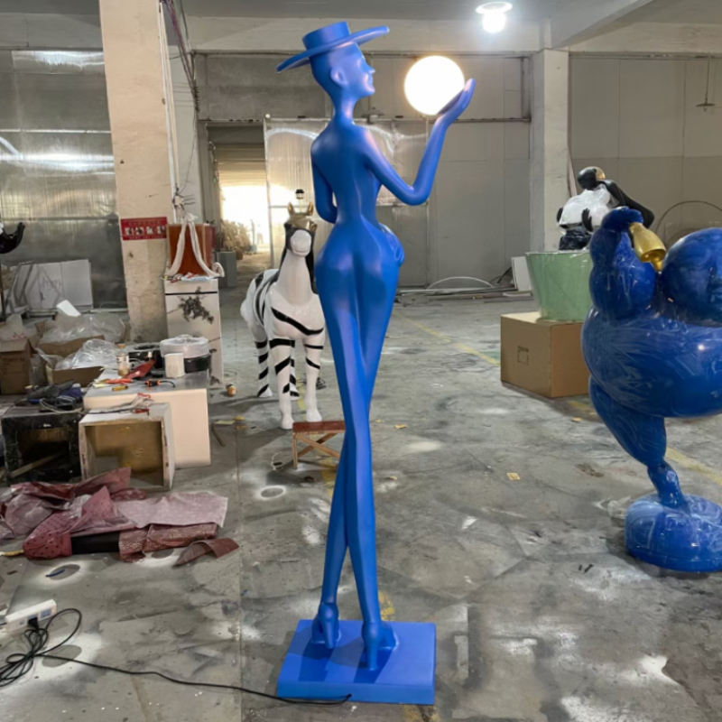 Shoulder Girl Sculpture Floor Lamp Blue Skirt Standing Statue Light with Luminous Ball Lantern for Home School Library Decorative Ornament