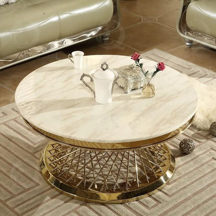 Metal Round Coffee Table Gold Stainless Steel Furniture Indoor Sitting Room Glass and Marble Top Table