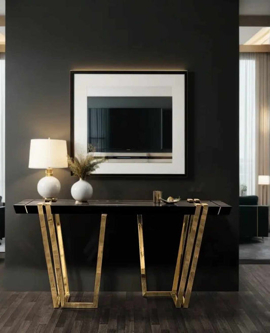 Luxury Home Furniture Hot Sale Lobby Gold Stainless Steel Wooden Small Black Console Table Hallway Console Table