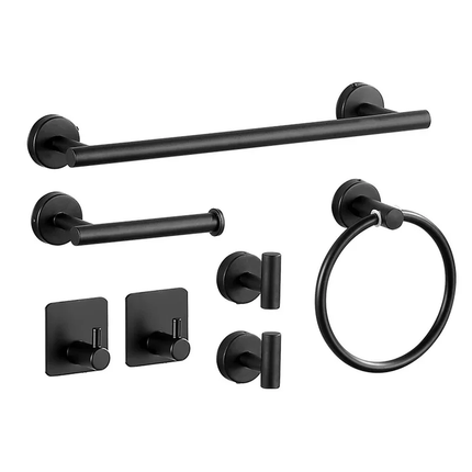 Ensemble de 7 accessoires de salle de bain muraux noirs en acier inoxydable 304 avec trous de fixation dissimulés