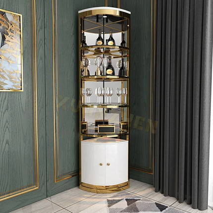 Side Corner Office Wine Cabinet White and Gold with Led Light Stainless Steel Electroplated Display Furniture