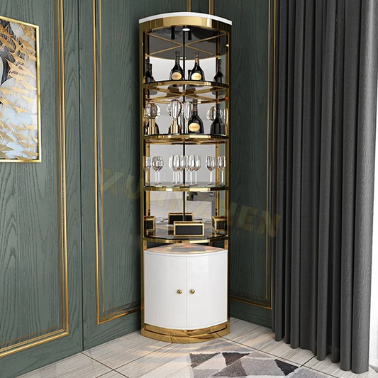 Side Corner Office Wine Cabinet White and Gold with Led Light Stainless Steel Electroplated Display Furniture
