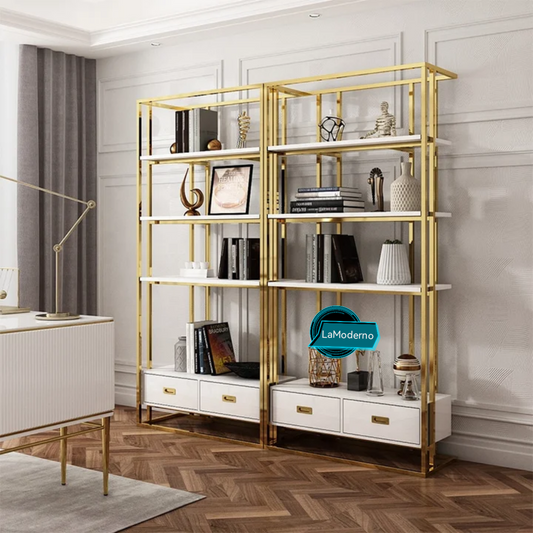 Office Bookshelves Wine Cabinet Display Rack Electroplated Stainless Steel White and Gold