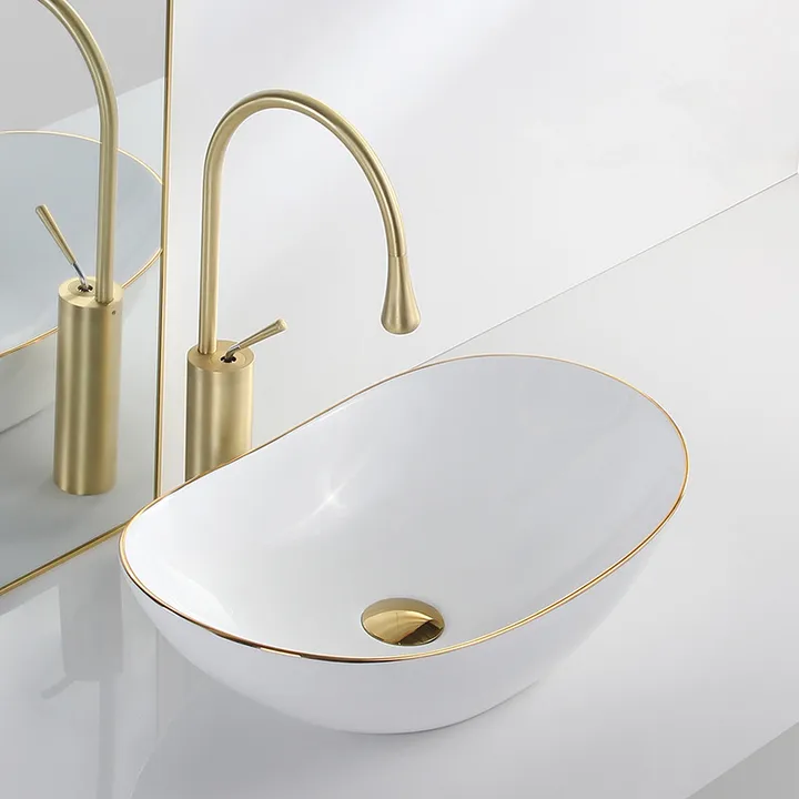 Basin White and Gold Electroplated Curve Tabletop Sink