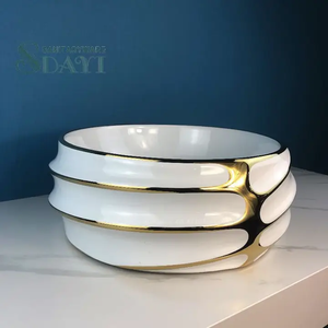 White and Gold Electroplated Basin Tabletop Sink Round