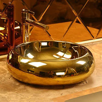 Electroplated Porcelain Gold Round Basin Sink Tabletop Lavavo for Bathroom Cabinet Countertop