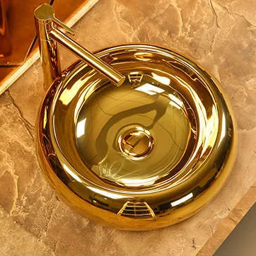 Electroplated Porcelain Gold Round Basin Sink Tabletop Lavavo for Bathroom Cabinet Countertop