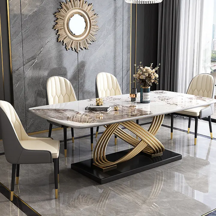 Dining Table 180cm Customizable Black Gold Matte Slate Marble Top Stainless Steel