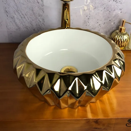Gold Basin Sink Diamond Round Electroplated Porcelain Golden Bathroom Washbasin Countertop Sink
