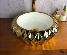 Load image into Gallery viewer, Gold Basin Sink Diamond Round Electroplated PorcelainGolden Bathroom Washbasin Countertop Sink
