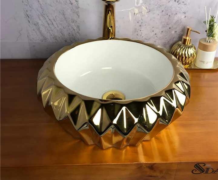Gold Basin Sink Diamond Round Electroplated PorcelainGolden Bathroom Washbasin Countertop Sink