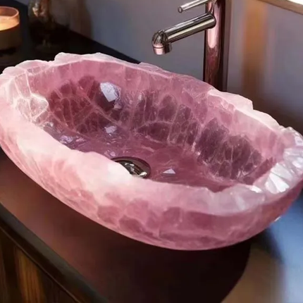 Vasque à poser en quartz naturel et onyx rose, pierre précieuse.