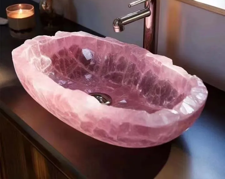 Natural Quartz Gemstone Pink Onyx Basin Sink Tabletop