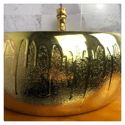 Gold Basin Tabletop Porcelain Electroplated Engraved Design hotel bathroom sinks High grade art basin wash hand Round sinks wash sink