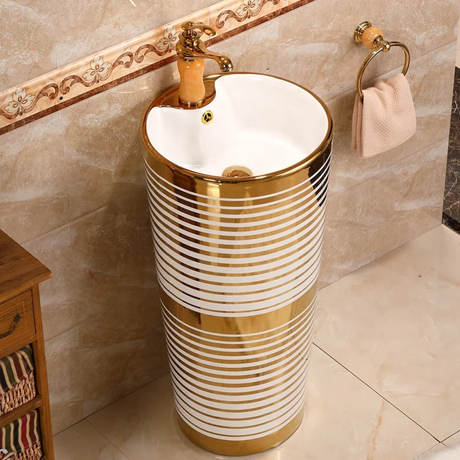 Stand Alone Porcelain Gold Basin Sink for Bathroom Pedestal Stripe Gold
