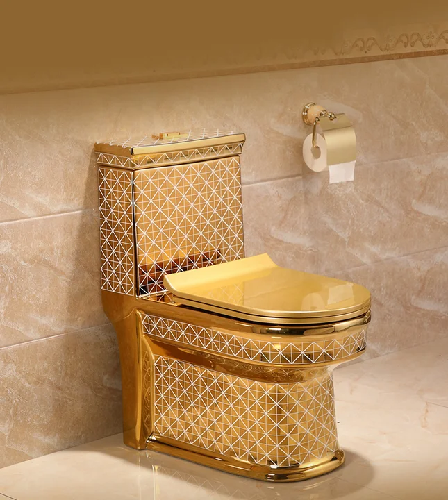 Toilet Bowl Gold Square Pattern Dual Flush Electroplated Porcelain