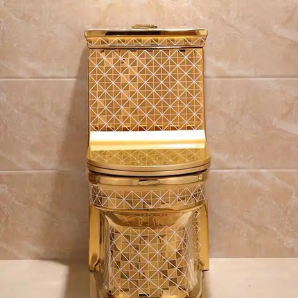 Toilettenschüssel aus galvanisiertem Porzellan mit goldenem, quadratischem Muster und Zweimengenspülung