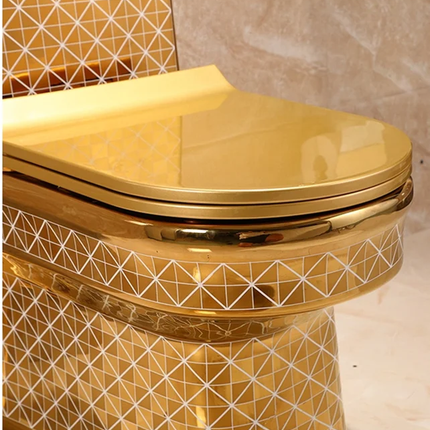 Toilettenschüssel aus galvanisiertem Porzellan mit goldenem, quadratischem Muster und Zweimengenspülung
