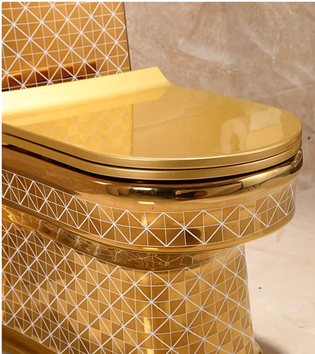 Toilet Bowl Gold Square Pattern Dual Flush Electroplated Porcelain