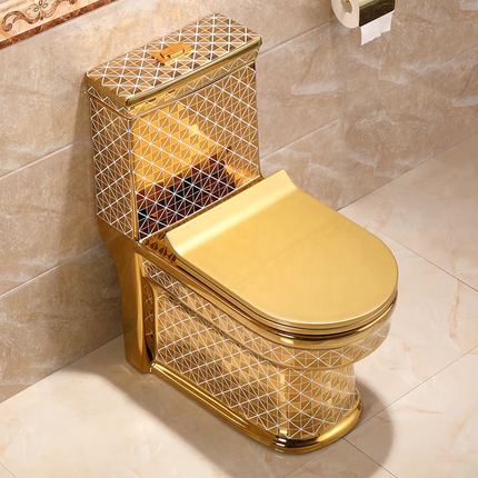 Toilettenschüssel aus galvanisiertem Porzellan mit goldenem, quadratischem Muster und Zweimengenspülung