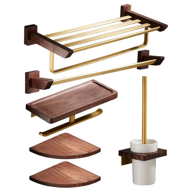 Badezimmer-Accessoires-Sets aus massivem Walnussholz mit goldmattem Aluminium