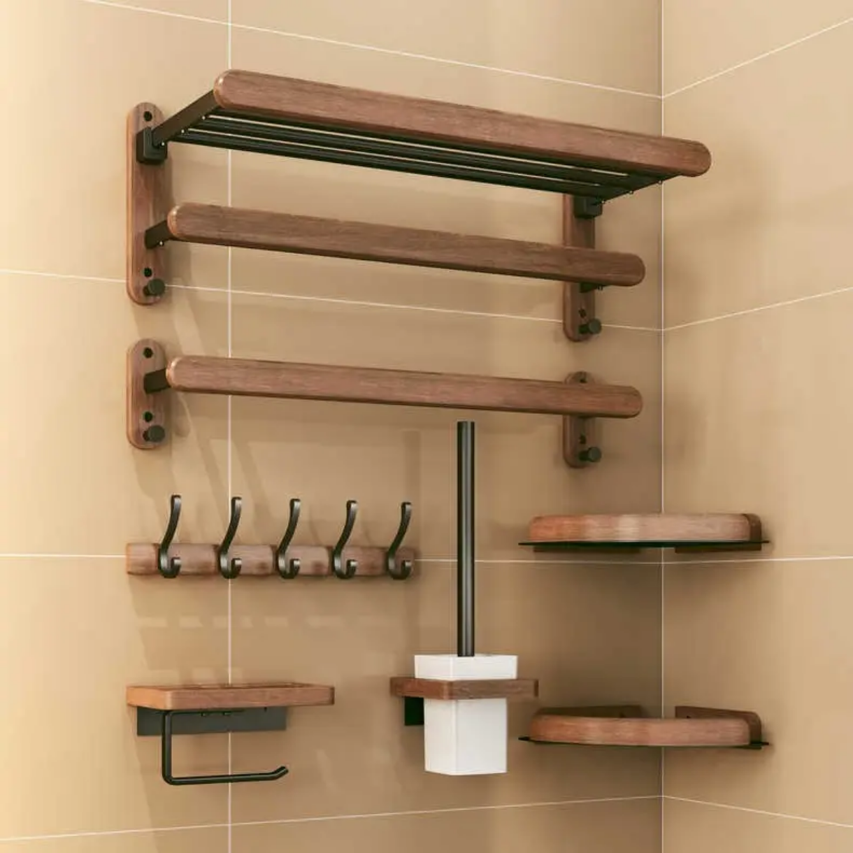 Imported Walnut Set Waterproof Bathroom Accessories Towel Holder, Tissue Holder, Aluminum Bathroom Set Hardware