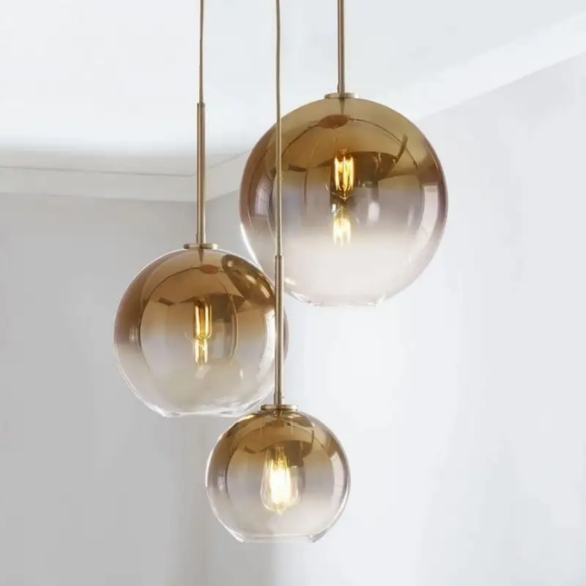 Pendant Light 3 Globe Set Gold Glass with Led Light Bulb Included