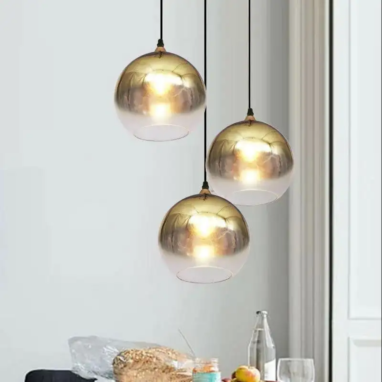 Pendant Light 3 Globe Set Gold Glass with Led Light Bulb Included