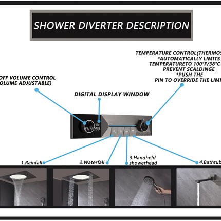 Ceiling Rain Shower Luxury Digital Display  Brass and Stainless Steel 3 Color Changing Lights