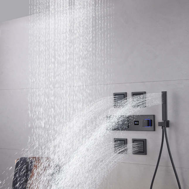 Ceiling Shower Concealed Black Thermostatic Rain Shower Waterfall with Body Jets