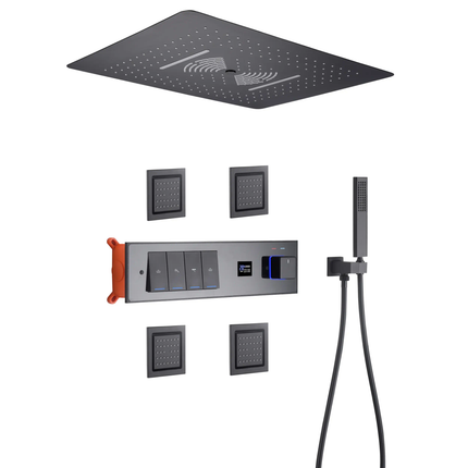 Ceiling Shower Concealed Black Thermostatic Rain Shower Waterfall with Body Jets