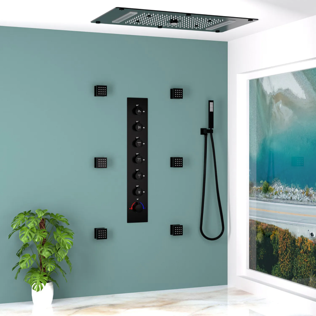 Super Large Thermostatic Shower 27inches Rainfall Shower Head Concealed Black Ceiling Shower Modern