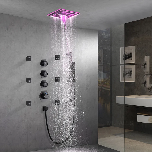 Concealed Shower 40x40cm Smart Ceiling Shower with Music Rainfall Shower with Jet Massage RGB