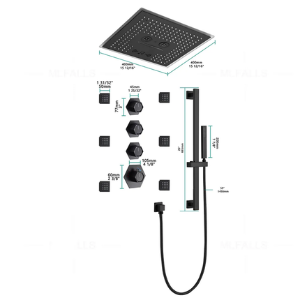 Concealed Shower 40x40cm Smart Ceiling Shower with Music Rainfall Shower with Jet Massage RGB