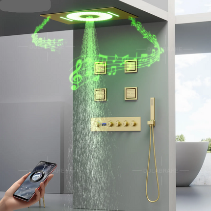 Luxury Gold Ceiling Shower Remote Control Concealed Rainfall Shower with jet Massage Big Size Embedded Music with Led Lights