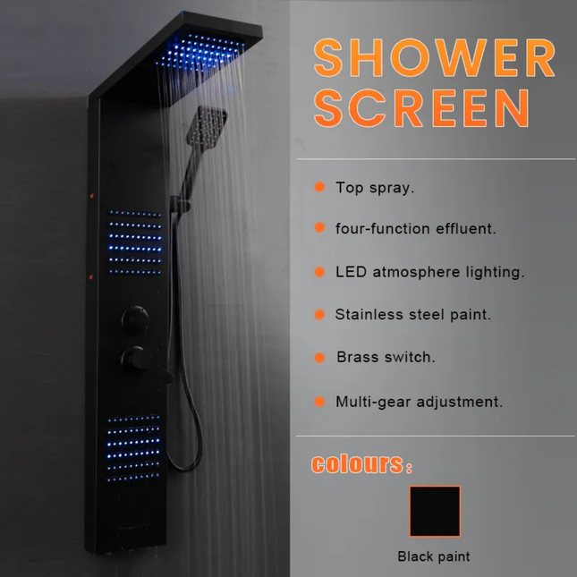Black Shower Panel with Led Lights with Massage Stainless Steel 304