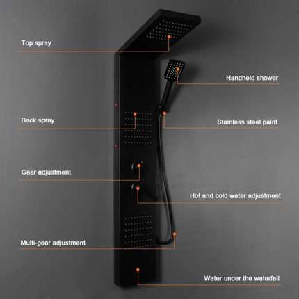 Black Shower Panel with Led Lights with Massage Stainless Steel 304