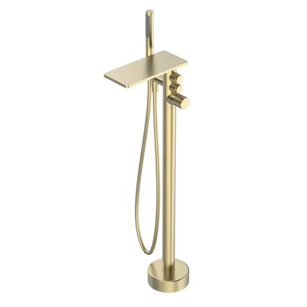 Matte Black Freestanding Bathtub Faucet with Minimalist Design, Sleek Waterfall Spout, Handheld Shower, and Modern Round Base for Contemporary Bathroom Aesthetics