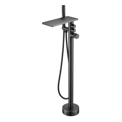 Matte Black Freestanding Bathtub Faucet with Minimalist Design, Sleek Waterfall Spout, Handheld Shower, and Modern Round Base for Contemporary Bathroom Aesthetics