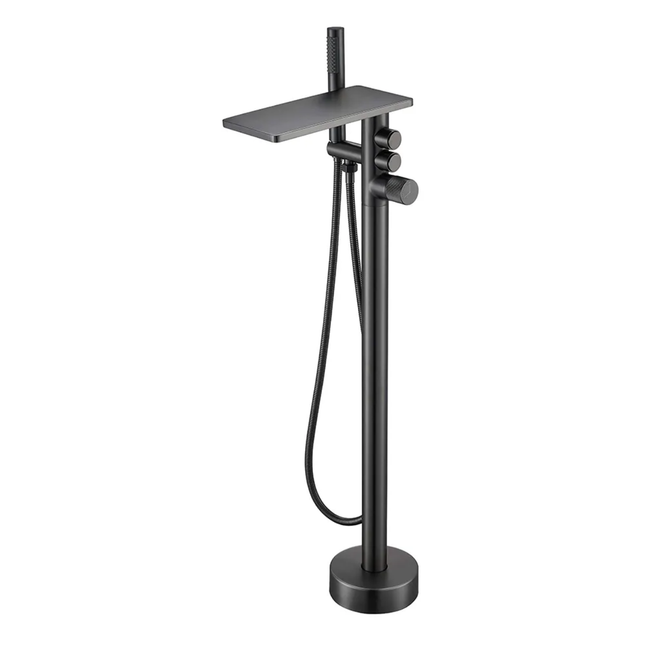 Matte Black Freestanding Bathtub Faucet with Minimalist Design, Sleek Waterfall Spout, Handheld Shower, and Modern Round Base for Contemporary Bathroom Aesthetics