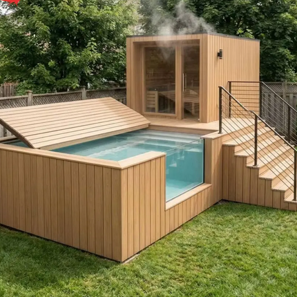 Outdoor Pool with Sauna Set with Stairs Decking Design