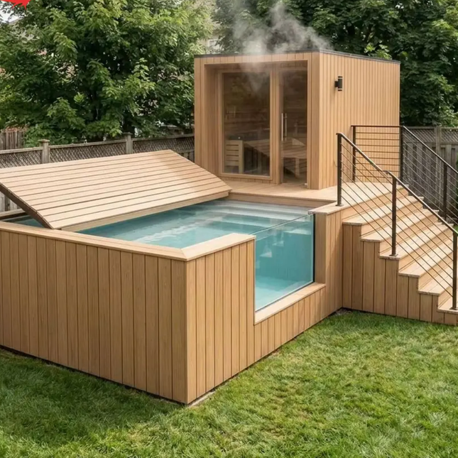 Outdoor Pool with Sauna Set with Stairs Decking Design